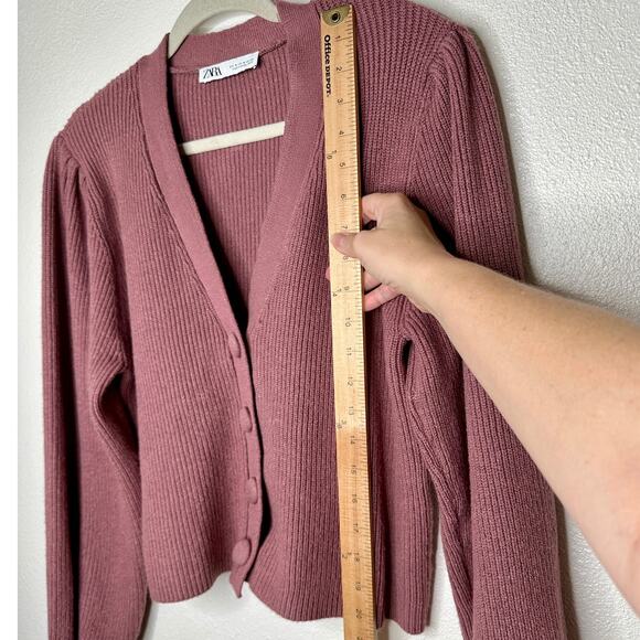 ZARA Mauve Balloon Sleeve V-Neck Cropped Button Chunky Knit Cardigan Sweater M - Picture 10 of 11